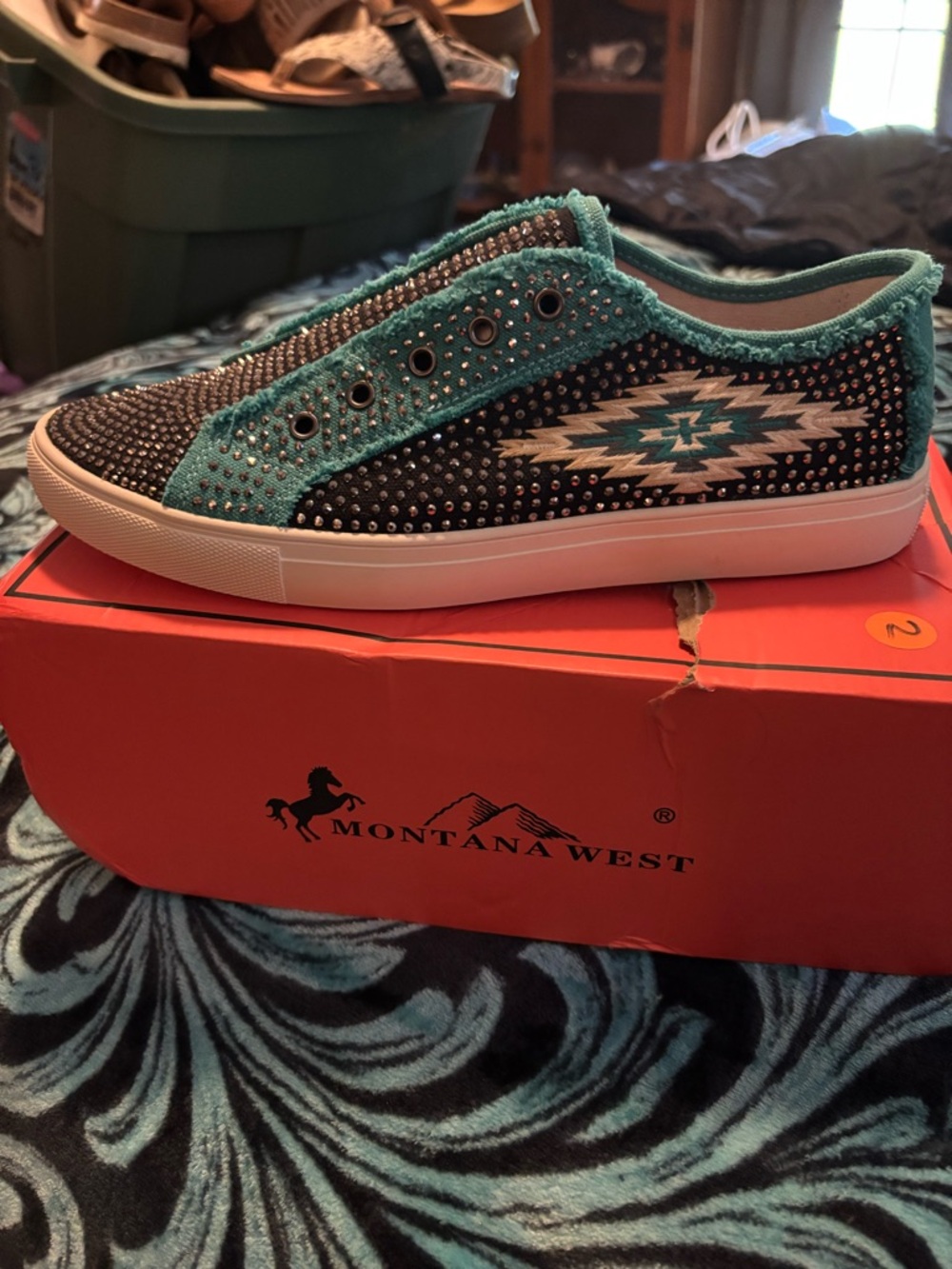 Montana West Turquoise and Black Aztec Slip-On Sneakers